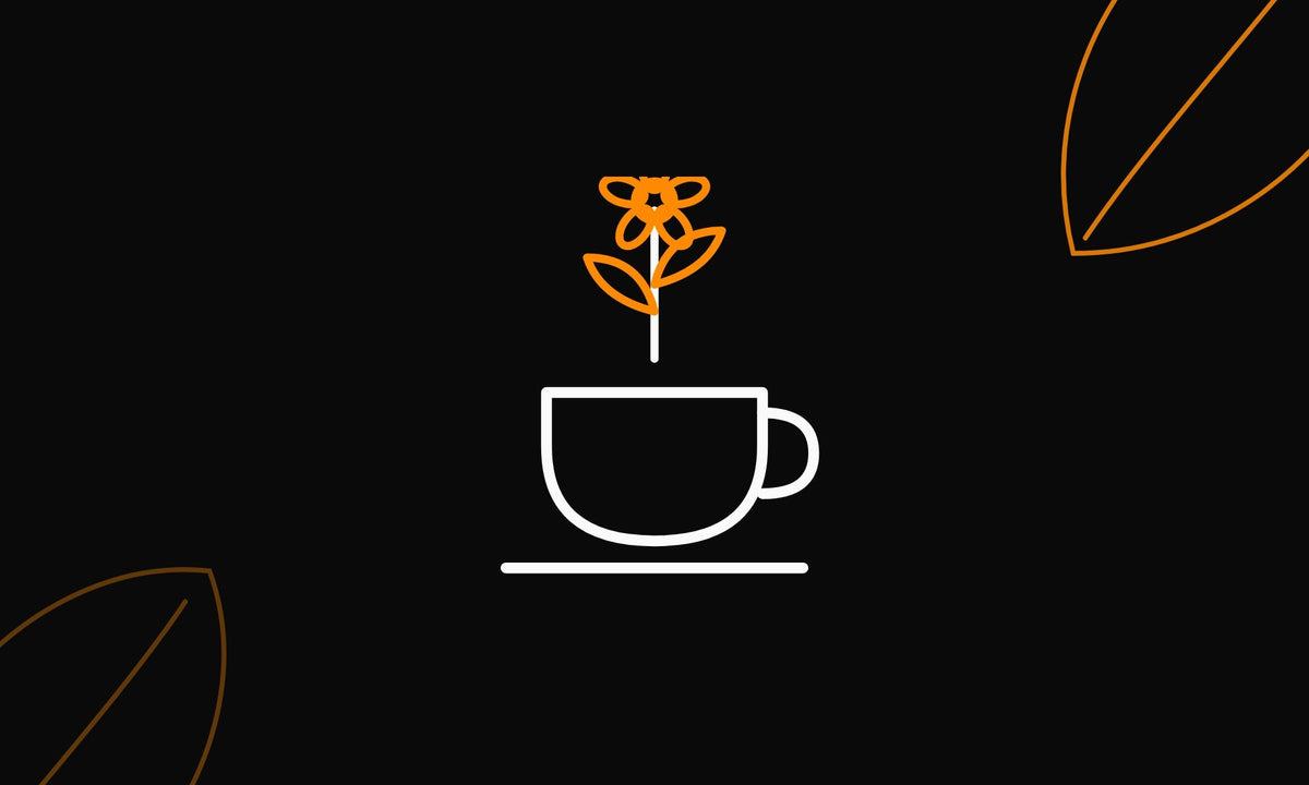 Line drawing of a cup of herbal tea with a flower