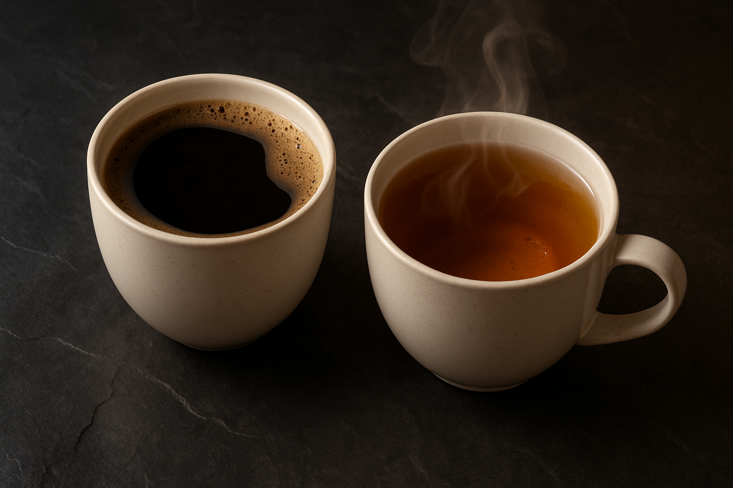 Cup of Coffee and a Cup of hot tea on a blackstone background