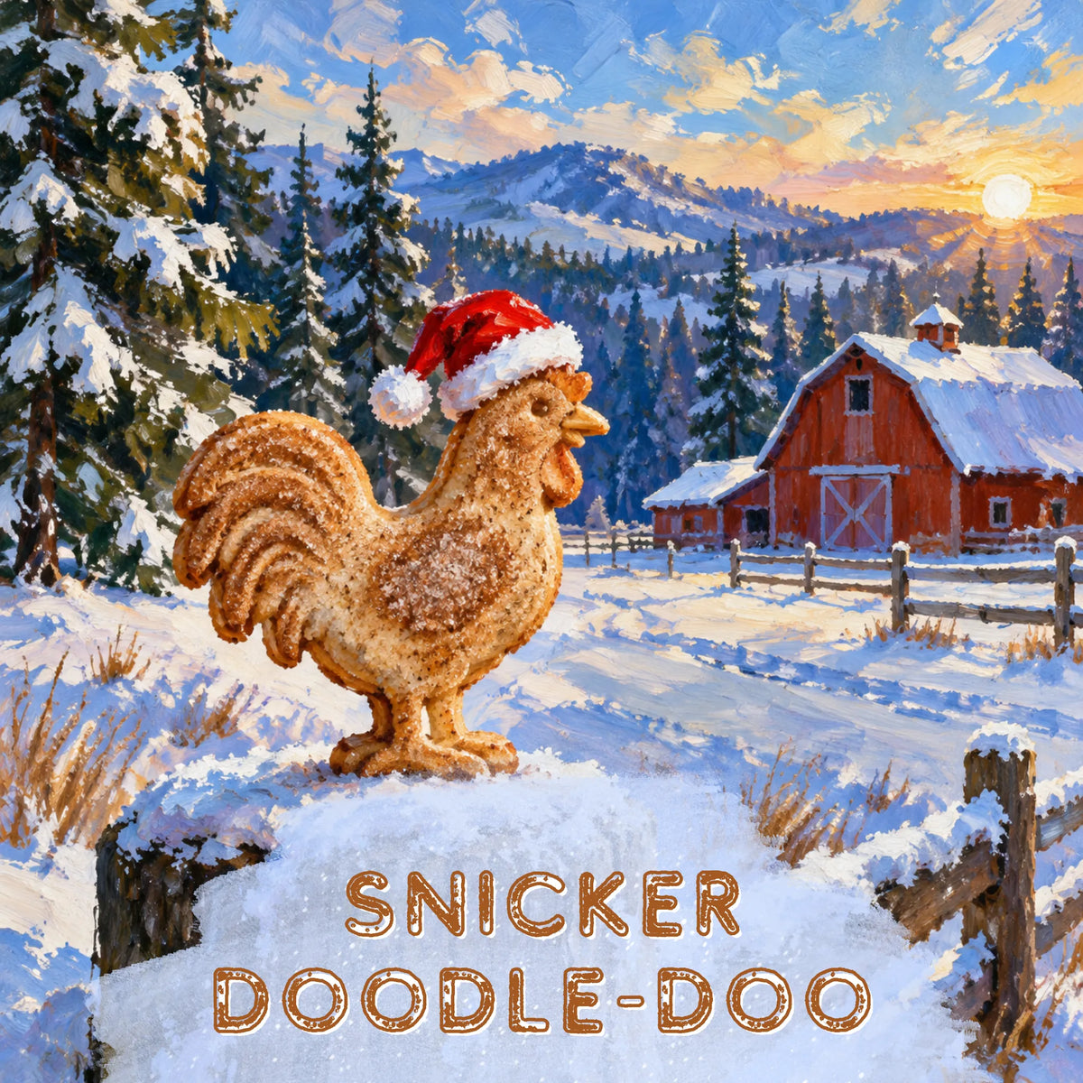 Snickerdoodle-doo flavored coffee: a cinnamon sugar cookie rooster in a Santa hat on a snowy farm at sunrise